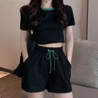 Set: Contrast Trim Cutout Cropped T-shirt + Wide-leg Shorts T-shirt - Black - One Size / Shorts - Black - One Size