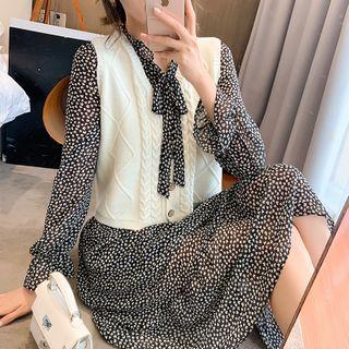 Long-sleeve Printed Midi A-line Dress / Knit Vest