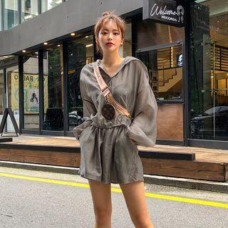 Set: Hooded Balloon-sleeve Sheer Blouse + Shorts