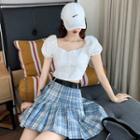 Plain Puff-sleeve Blouse / Plaid Pleated Skirt With Belt