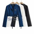 Plain V-neck Long Sleeve Tie-back Cropped Shirt