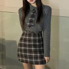 Tie-neck Knit Polo Shirt / Plaid Mini Skirt / Double Breasted Long Coat