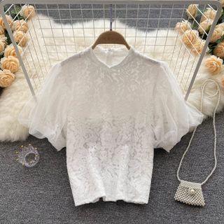 Stand-collar Lace Mesh Puff-sleeve Top