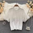 Stand-collar Lace Mesh Puff-sleeve Top