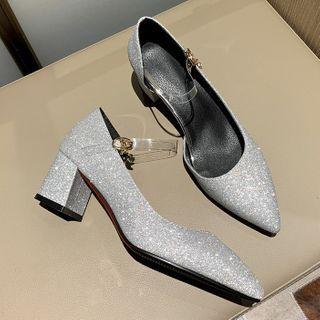 Transparent Strap Sequined Chunky Heel Pumps