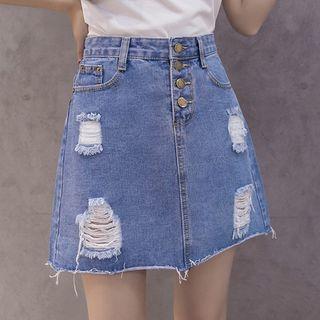 Buttoned Distressed Denim Skirt
