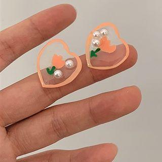 Faux Pearl Heart Ear Stud 1 Pair - Tangerine - One Size