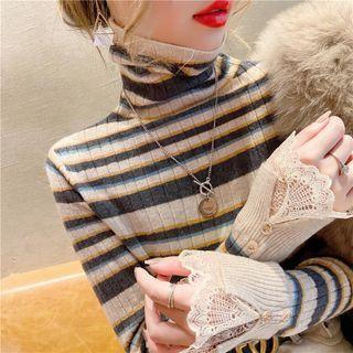 Turtleneck Striped Lace Trim Knit Top