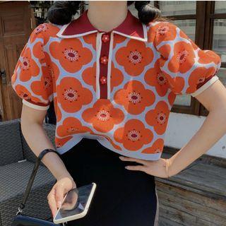 Puff-sleeve Floral Print Polo Knit Top Flower - One Size