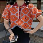 Puff-sleeve Floral Print Polo Knit Top Flower - One Size