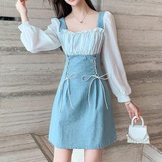 Lace-up Long-sleeve Denim Panel Mini A-line Dress