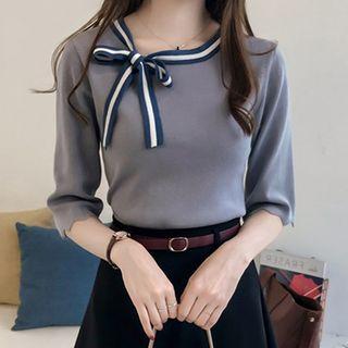 Scallop Trim Tie-neck Elbow-sleeve Knit Top
