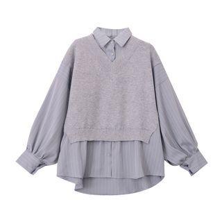 Mock Two-piece Knit Panel Pinstriped Top