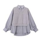 Mock Two-piece Knit Panel Pinstriped Top
