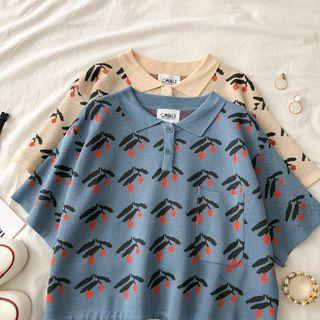 Short-sleeve Orange Print Polo Knit Top