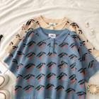 Short-sleeve Orange Print Polo Knit Top