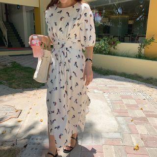 Print Tie-back Elbow Sleeve Dress