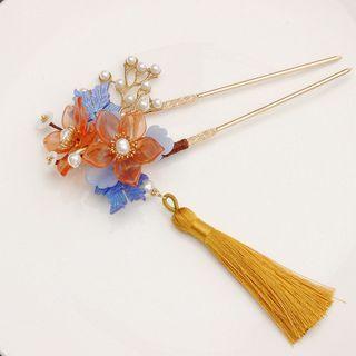 Floral Tasseled Hair Stick 1 Pc - Orange & Blue & Gold - One Size