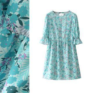 Keyhole Elbow-sleeve Floral Print Dress
