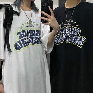 Couple Matching Short-sleeve Leopard Print Lettering T-shirt
