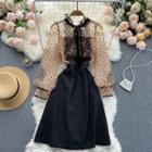 Long-sleeve Sheer Dotted A-line Dress
