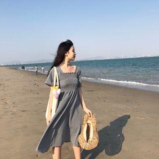 Ruffled Short-sleeve Midi A-line Dress