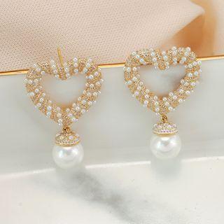 Faux Pearl Heart Dangle Earring 1 Pair - 925 Silver Needle - Gold - One Size