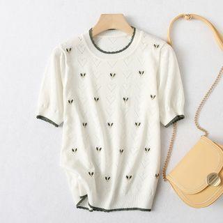 Short-sleeve Floral Embroidered Knit Top Beige - One Size