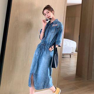 Denim Elbow-sleeve Drawstring-waist Dress