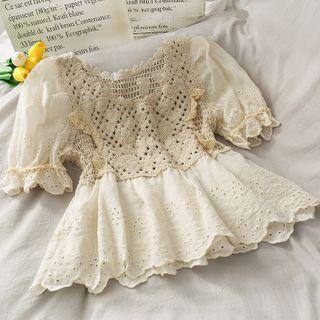 Patchwork Eyelet V-neck Crop Top