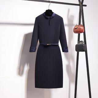 Printed Panel Stand-collar Midi Sheath Dress