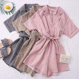 Short-sleeve Lapel Checker Playsuit With Sash