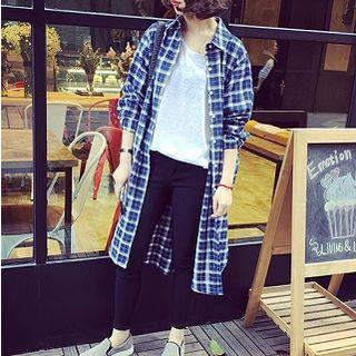 Long Check Shirt Blue - One Size