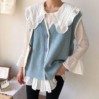 Knit Button Vest / Frill Trim Blouse