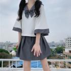 Set: Bow Accent Elbow-sleeve Blouse + Mini A-line Skirt
