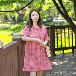 Tie-neck Short-sleeve Gingham Dress