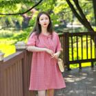 Tie-neck Short-sleeve Gingham Dress