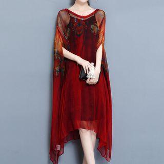 Set: Printed Batwing-sleeve A-line Dress + Strappy Dress