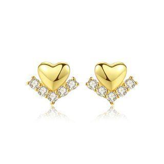 Sterling Silver Plated Gold Simple Fashion Heart-shaped Stud Earrings With Cubic Zirconia Golden - One Size