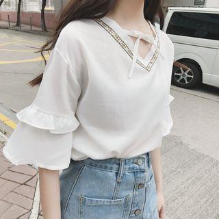 V-neck Tiered Short-sleeve Chiffon Top