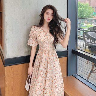 V Neckline Floral Puff-sleeve Dress