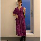 Flower Print Short-sleeve Midi Shift Dress Purple - One Size