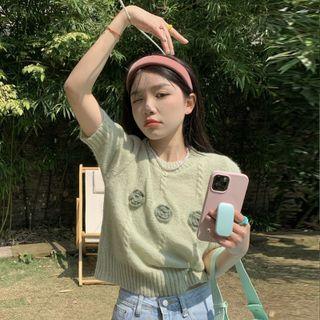 Short-sleeve Knit Crop Top Green - One Size