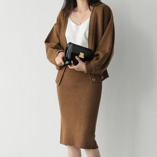 Set: V-neck Puff-sleeve Cardigan + Band-waist Midi Skirt