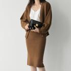 Set: V-neck Puff-sleeve Cardigan + Band-waist Midi Skirt