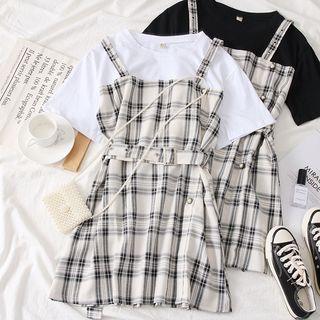Mock Two-piece Plaid T-shirt Dress With Belt