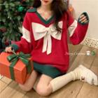 Long-sleeve Christmas Bow Knit Sweater Red - One Size