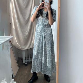 Short-sleeve Floral Shirred Dress