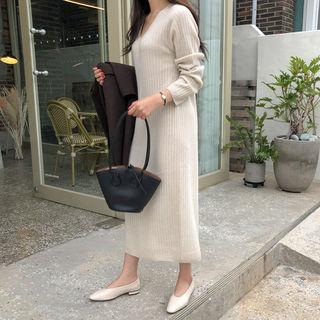 V-neck Ribbed Wool Blend Knit Dress