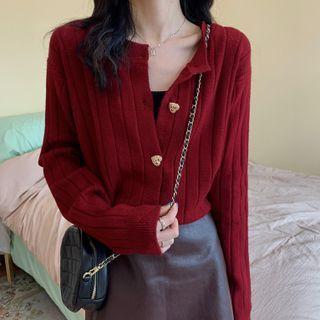 Heart Button Ribbed Knit Cardigan